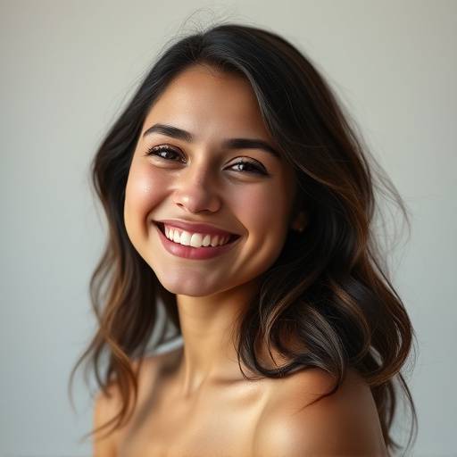A beautifully lit portrait of a young woman smiling in a Brooklyn studio.