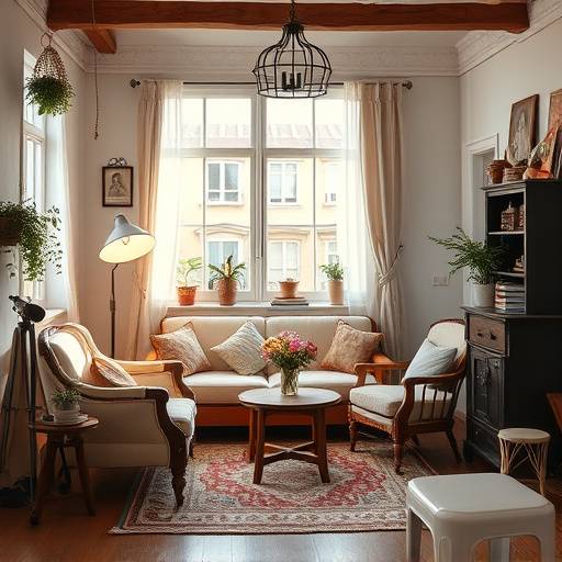 A cozy photo studio with various props and vintage furniture.