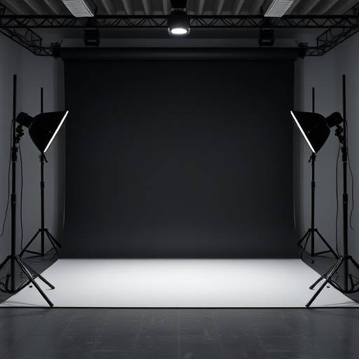 A modern photo studio with black backdrop and strobe lighting setup.