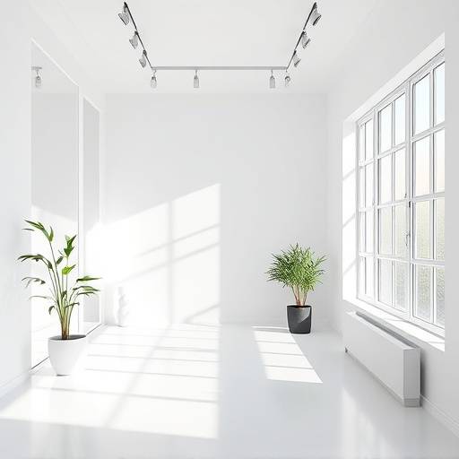 Photo studio bathed in natural light with large windows and minimal setup.